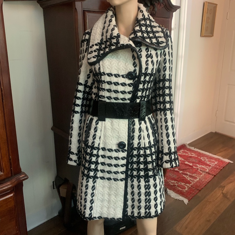 Vertigo Paris Black and White Plaid Wool Blend Pea Coat with Belt